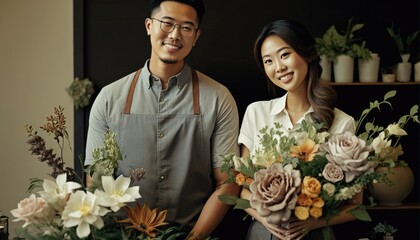 Empowering Confidence and Relationship in the Workplace: Celebrating National Couple's Day with Diversity Inclusivity in the Industry with Asian Florist Couple (generative AI