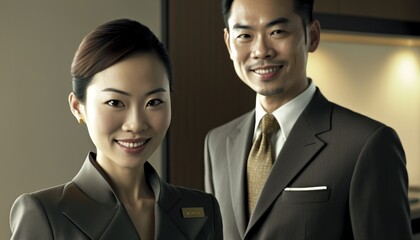 Empowering Confidence and Relationship in the Workplace: Celebrating National Couple's Day with Diversity Inclusivity in the Industry with Asian Receptionist Couple (generative AI