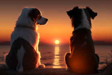 Naklejka na ściany i meble Two best friends dogs watching the sunset together at the lake or the beach / sea / ocean