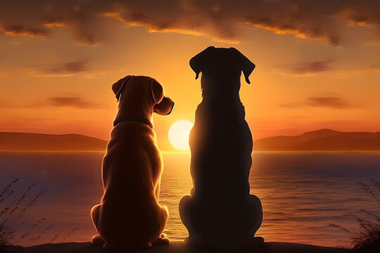 Two best friends dogs watching the sunset together at the lake or the beach / sea / ocean