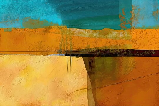 Abstract Southwestern collage. Modern mid-century art. Color blocks desert. Watercolor painting.