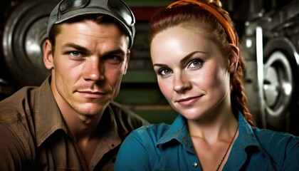 Empowering Confidence and Relationship in the Workplace: Celebrating National Couple's Day with Diversity Inclusivity in the Industry with Caucasian Mechanic Couple (generative AI