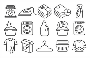 Laundry linear icon set. Dryer, Washing machine shirt, hand washing, soap, detergent, iron, laundry service icon set. Linear icon set. Vector illustration - obrazy, fototapety, plakaty