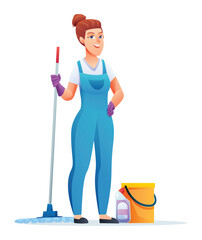 Cleaning service woman with mop and bucket. Female janitor cartoon character