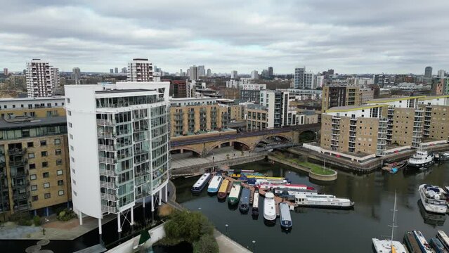 Docklands Light railway arches Limehouse basin East London drone aerial view