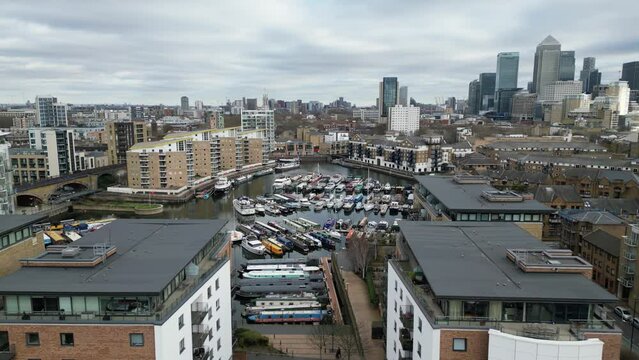 Apartments in London UK Limehouse basin drone aerial view