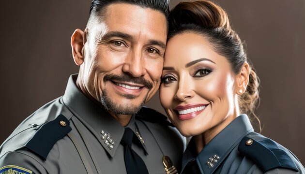 Empowering Confidence and Relationship in the Workplace: Celebrating National Couple's Day with Diversity Inclusivity in the Industry with Hispanic Police officer Couple (generative AI