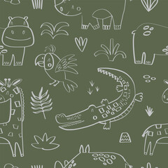 Seamless childish pattern with cute African animals in doodle style. Vector illustration for your design