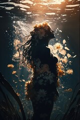 woman under waterfull body back view silhouette flowers Generative AI