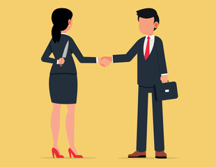 Fototapeta premium Treacherous deal, Hiding killer concept. Business woman and man standing together and shaking each other hands while one holding knife behind back.