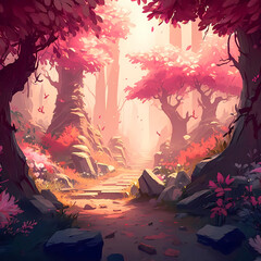 Fototapeta na wymiar AI generated game scene map background map pink is beautiful peach blossom forest