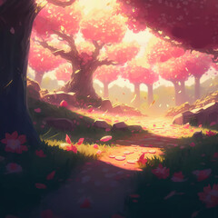 AI generated game scene map background map pink is beautiful peach blossom forest