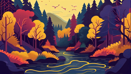 Sunset river background landscape illustration vector graphic