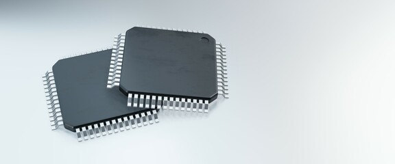  3d render of microchip or semiconductor chip, for computing.