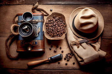 A Top-Down View of a Perfectly Crafted Cup of Coffee and Coffee-Making Essentials on a Wooden Table