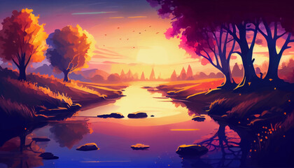 Sunset river background landscape illustration vector graphic