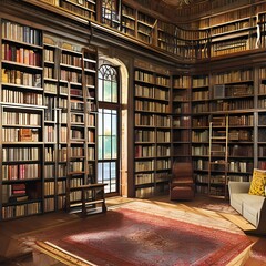 18. A home library with a ladder, a comfortable chair, and floor-to-ceiling book shelves.1, Generative AI