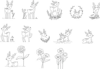 Fototapeta na wymiar Big set deer animal cartoon with flower floral hand drawn,doodle,line art style Cute cartoon funny character. Pet collection. Flat design Baby background.vector illustration
