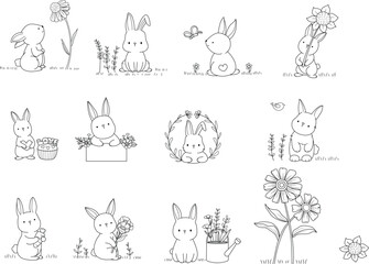 Big set rabbit bunny animal cartoon with flower hand drawn,doodle,line art style Cute cartoon funny character. Pet collection. Flat design Baby background.vector illustration