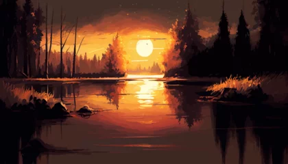 Fotobehang Sunset river background landscape illustration vector graphic © ArtMart