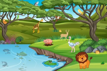 jungle illustration with lots of animals and plants 