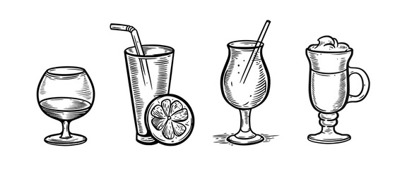 Engraving style cocktails set vector art illustration.