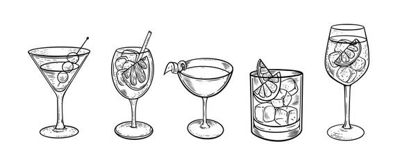 Cocktails set monochrome color engraving style vector illustration.