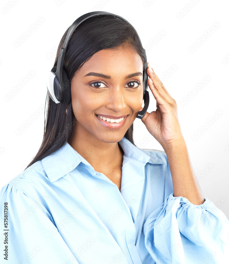 Wall mural Crm, customer service and portrait of Indian woman worker on a business call in a studio. Marketing, networking and web support consulting of a employee with a smile from call center sales work