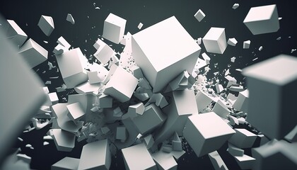 Geometric chaos in shifting white cubes, evoking abstract and futuristic chaos.