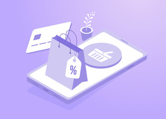 Mobile commerce - m-commerce concept shopping with smartphone, shopping cart, and bag with discount price tag. The convenience of mobile commerce. Suitable for e-commerce and online shopping visuals