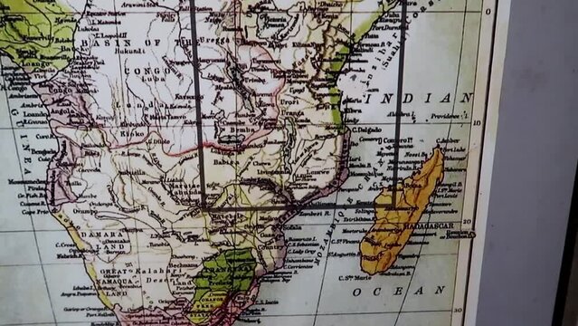 Map of Africa with a square showing the Eastern African side where slaves were taken. Exhibition of the Slave Market, Zanzibar