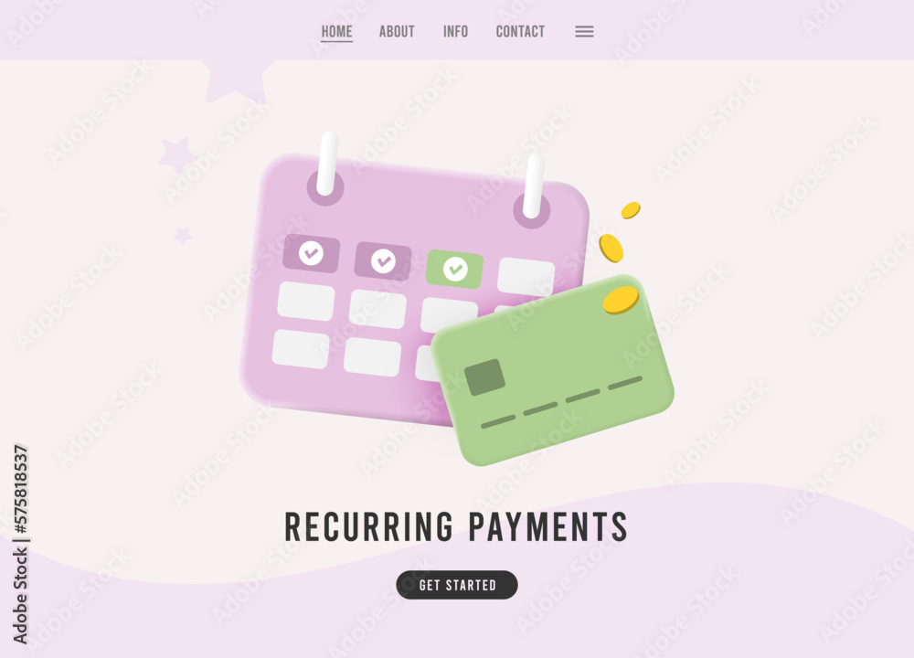 Poster recurring payments 3d concept. monthly payment date on calendar with credit card subscription paymen