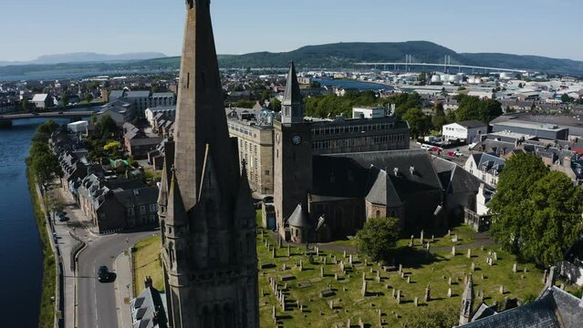 Aerial view of the Old High Church and its graveyard in Inverness, Scotland.