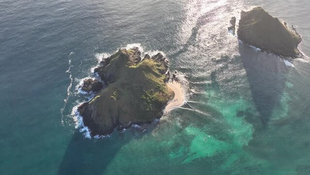 aerial drone view of Mokolua Islands in kailua lanikai hawaii at sunrise