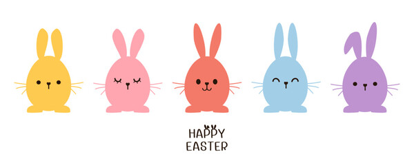 Fototapeta premium Set of bunny rabbit cartoons and hand drawn fonts on white background vector illustration. Cute childish print.