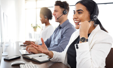 Happy woman, call center and computer consulting with headset in telemarketing, customer service or...
