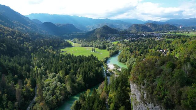 Beautiful Landscape in Soca Valley, Slovenia - Aerial Drone Flight in Summer