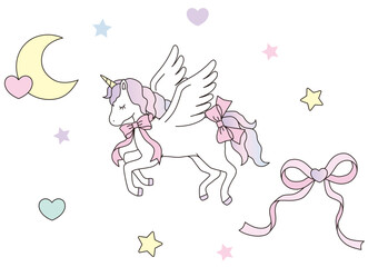 リボンをつけたかわいいユニコーンと月とハートリボン　ゆめかわ　イラスト素材