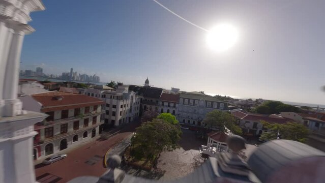 Drone fpv clip of casco viejo Panama old city going around a plaza