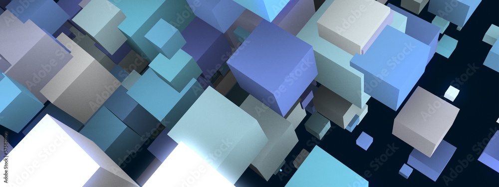 Poster abstract blue background of cubes. the texture of random squares, particles, rhombuses. outer space.