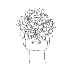 Woman Face with Flowers One Line Drawing. Female Portrait Minimalist Style. Botanical Print. Nature Trendy Symbol for Cosmetics. Continuous Line Art. Fashion Minimal Print. Beauty Logo. 