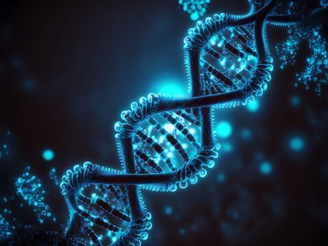 Diagonal blue DNA strain against glowing blue background.