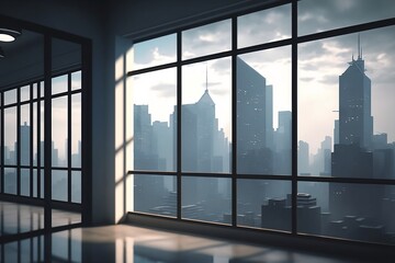 Empty room interior with cityscape view.