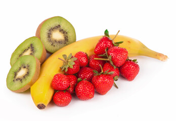 Bananas, kiwi and strawberry isolated on a white background