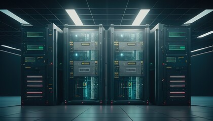 Futuristic server room with racks and equipment, showcasing advanced technology.