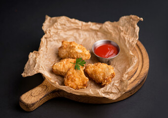 beer snacks - chicken fillet fried in batter with sauce on a wooden board on a black background