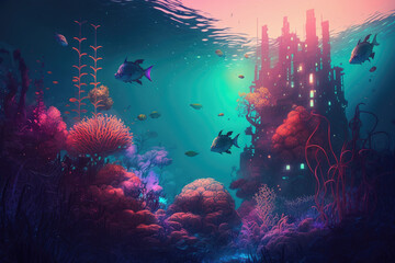 Colorful underwater world, generative AI, wallpaper