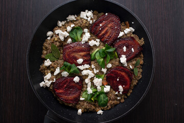 lentil salad with beet root and feta cheese