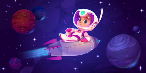 Cute cartoon astronaut flying on rocket in space. Vector illustration of boy in cosmonaut suit lying on spaceship moving by alien planets and stars against dark sky background. Astronomy science