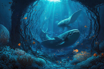Fototapeta na wymiar Whales in the deep ocean, generative AI, wallpaper